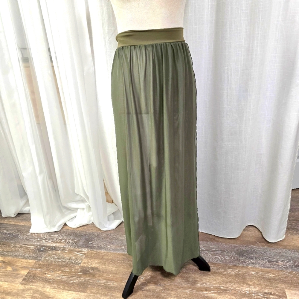 2/$30 Olive Green Maxi Beach Coverup Skirt Size L Sheer Poolside Resort